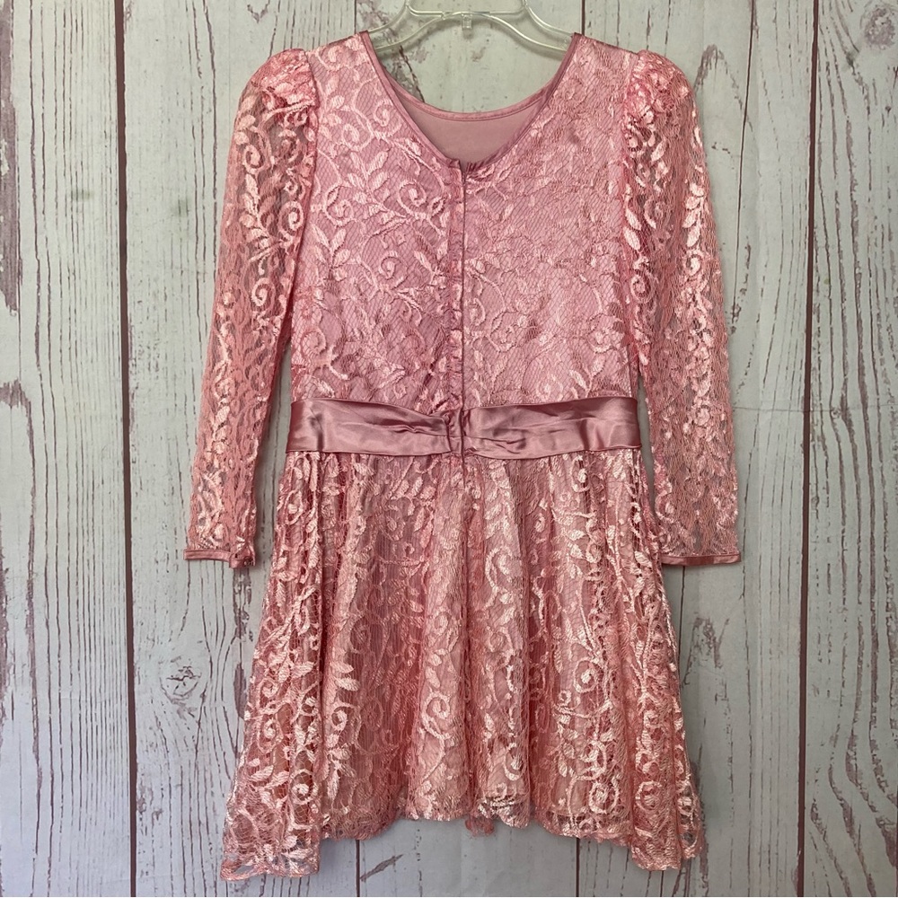 Vintage JCPenney Girls Dress Sz 7 Shiny Pink Satin Lace Long Sleeve USA Flaws - Picture 4 of 12